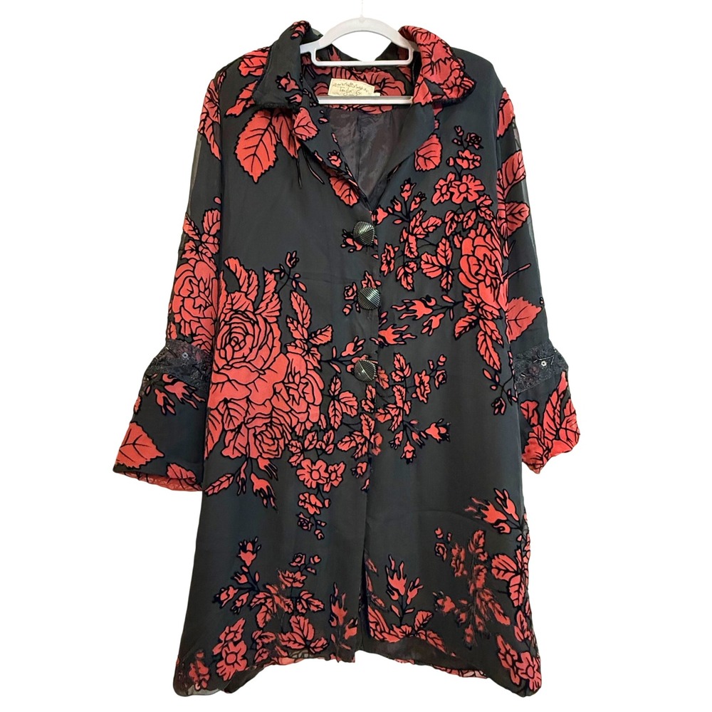 Taylor‎ G. Dallas Texas Womens Floral Velvet Burnout Sheer Kimono Jacket Coat L